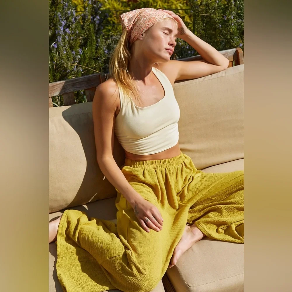 Free People Beach Talk to me Co-ord Green Wide Leg Gauze Pants Elastic Waist